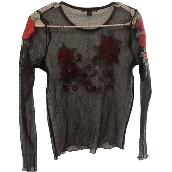 American Eagle Womens Sheer Shirt M Whimsigoth Swiss Dot Rose Embroidered Y2K - Picture 4 of 9